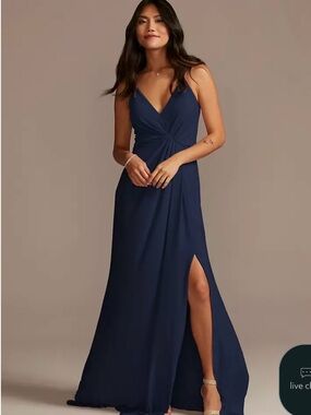 David's Bridal Navy Twist-Waist V-Neck Spaghetti Strap Gown